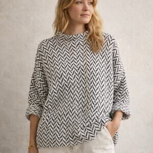 Calligraphie By Anthropologie Soft Mock Neck Sweater White Black Chevron Size L
